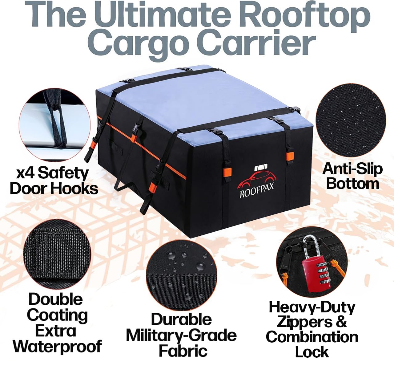 RoofPax XXL 28 cuft Car Rooftop Cargo Carrier Bag Extra Waterproof Car Roof Storage with 10 Heavy Duty Tie Down Straps and 4 Hooks Roof Bag Cargo Carrier for Top of Vehicle with/Without Rack