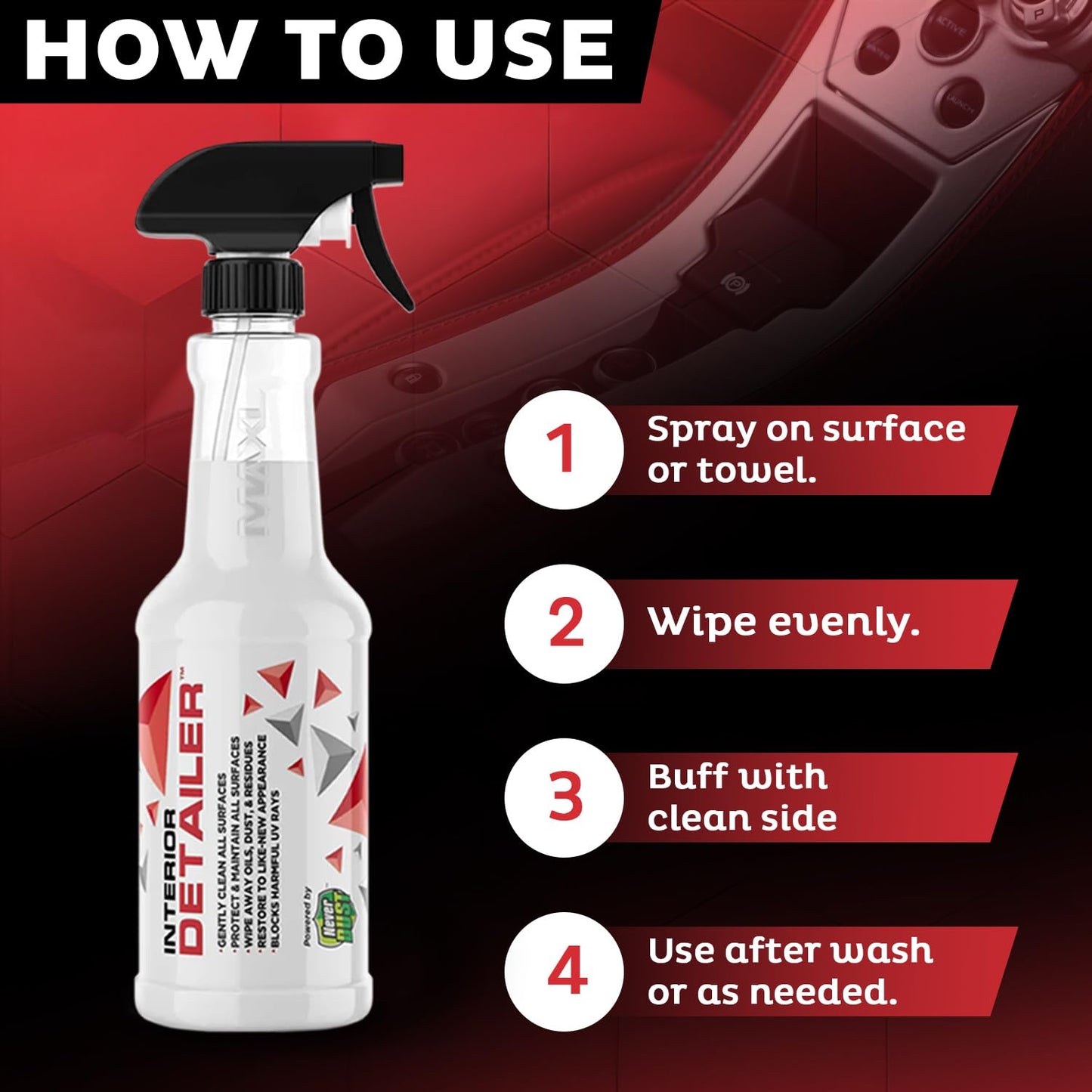 MAXL® Interior Car Cleaner Detailer Spray with NeverDust® Technology Formula (20oz) - Repels Dust, Wipes Oil, Residue with Matte Finish for Leather, Dash, Trim & Screens - Safe on All Surfaces