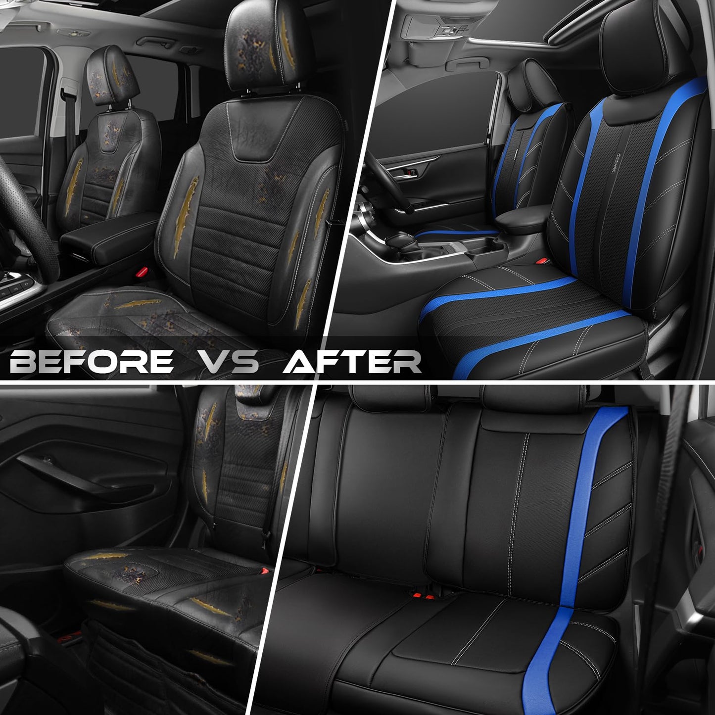CAR PASS Luxury Faux Leather Seat Covers Full Set, Breathable Sporty Premium Leather Seat Covers, Waterproof Anti Slip Automotive Seat Covers Universal Fit for 95% Trucks SUV Sedans Van,Black and Blue