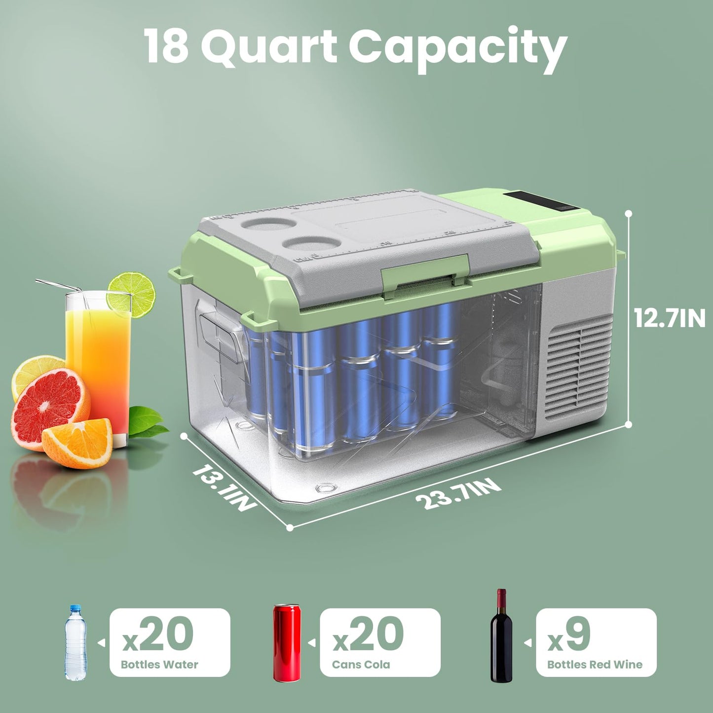 BODEGACOOLER 12 Volt Car Refrigerator, 18 Quart Portable Freezer, Car Fridge -4℉-68℉, Compressor Electric Cooler 12/24V DC100-240 Volt AC for Outdoor RV Camping Travel Vehicles Home Use