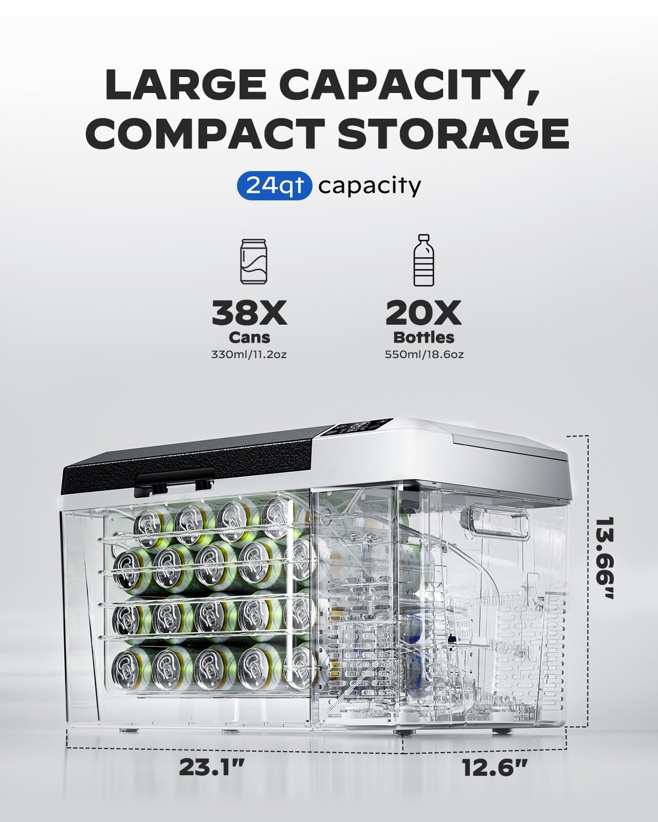 Marsail 12 Volt Car Refrigerator, 24QT Electric Cooler, Portable Car Fridge with Battery Power Option, 12/24V DC and 110-240V AC for Truck, RV, SUV, Travel, Camping, Road Trips -4°F to +68°F