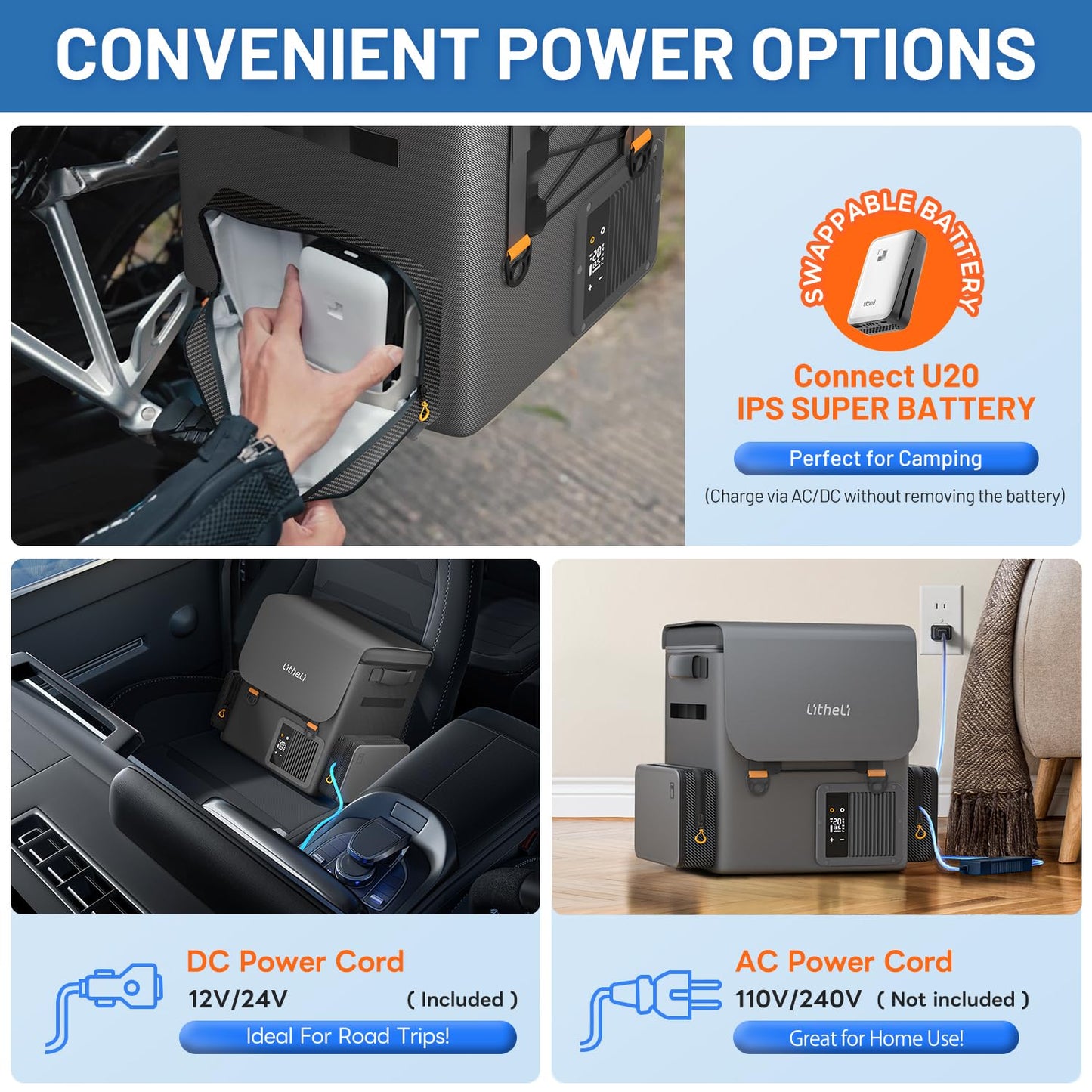 LiTHELi Frozen Pack 12V Car Refrigerator & Portable Electric Cooler, 20L/21QT with 2 U20 Batteries, -4~68℉ Travel Fridge Freezer for Camping, Road Trips, RV, Boat & Beach (Backpack Design)