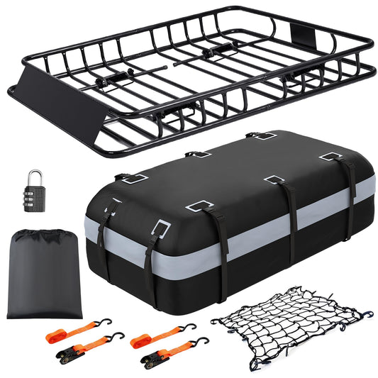 Heavy Duty Universal Rooftop Cargo Carrier Roof Rack, 64"x36"x5" Roof Rack Basket with 20 Cu.Ft Waterproof Bag, for SUV, Truck and Van, 250lbs Capacity, Corrosion Resistant, Steel Construction