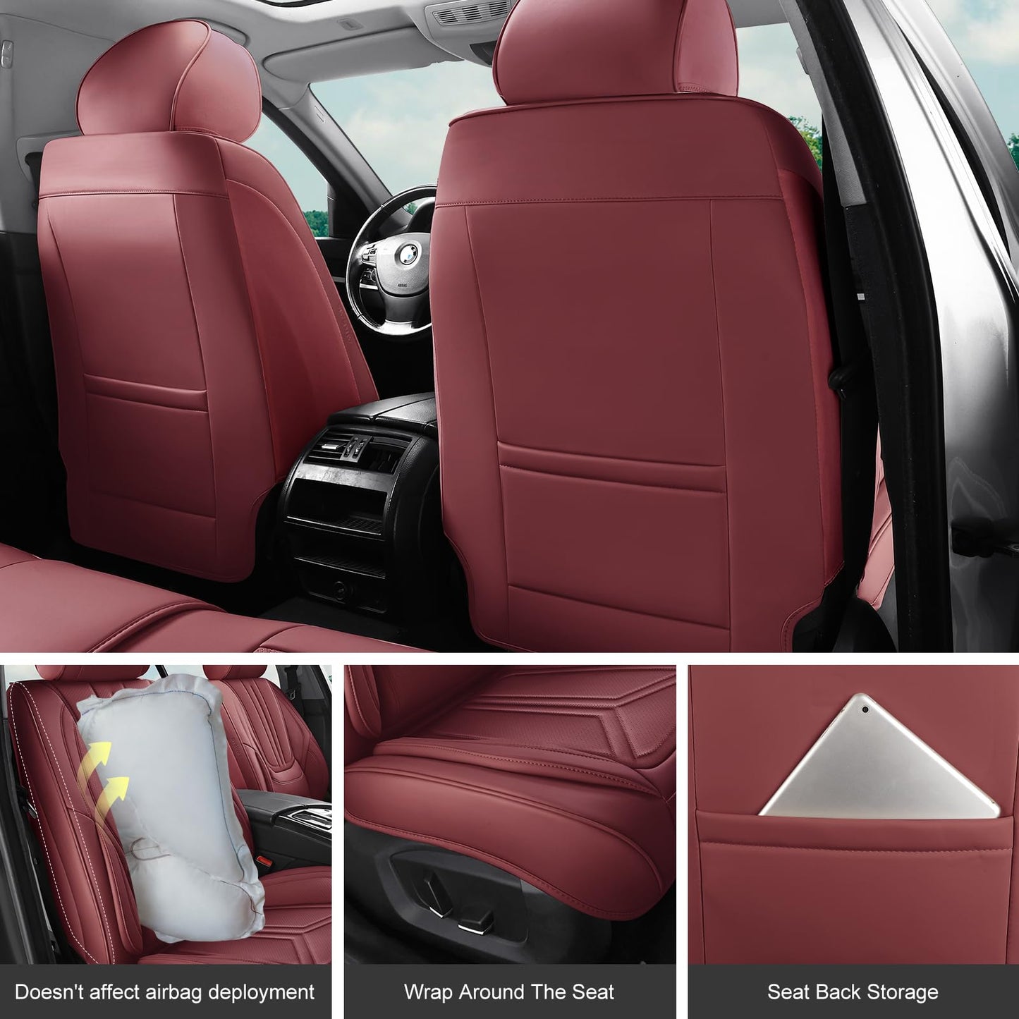 SCDOOCA Car Seat Covers Full Set Burgundy, Luxury Leather Car Seat Covers, Waterproof and Breathable Seat Covers, Universal Car Seat Protector Fit for Cars, Trucks, SUVs, Pick-ups (Wine Red, FullSet)