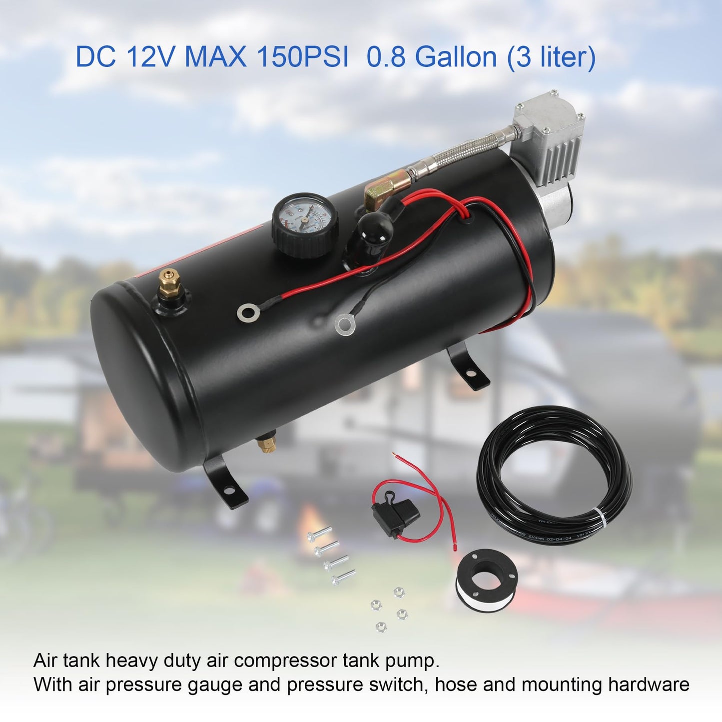 DC 12V MAX 150PSI Air Compressor Tank Pump with 3 Liter Tank 0.8 Gallon Portable Air Compressor Pump for Train Truck Pickup Motorhome Horns On Board 3L Train Inflator