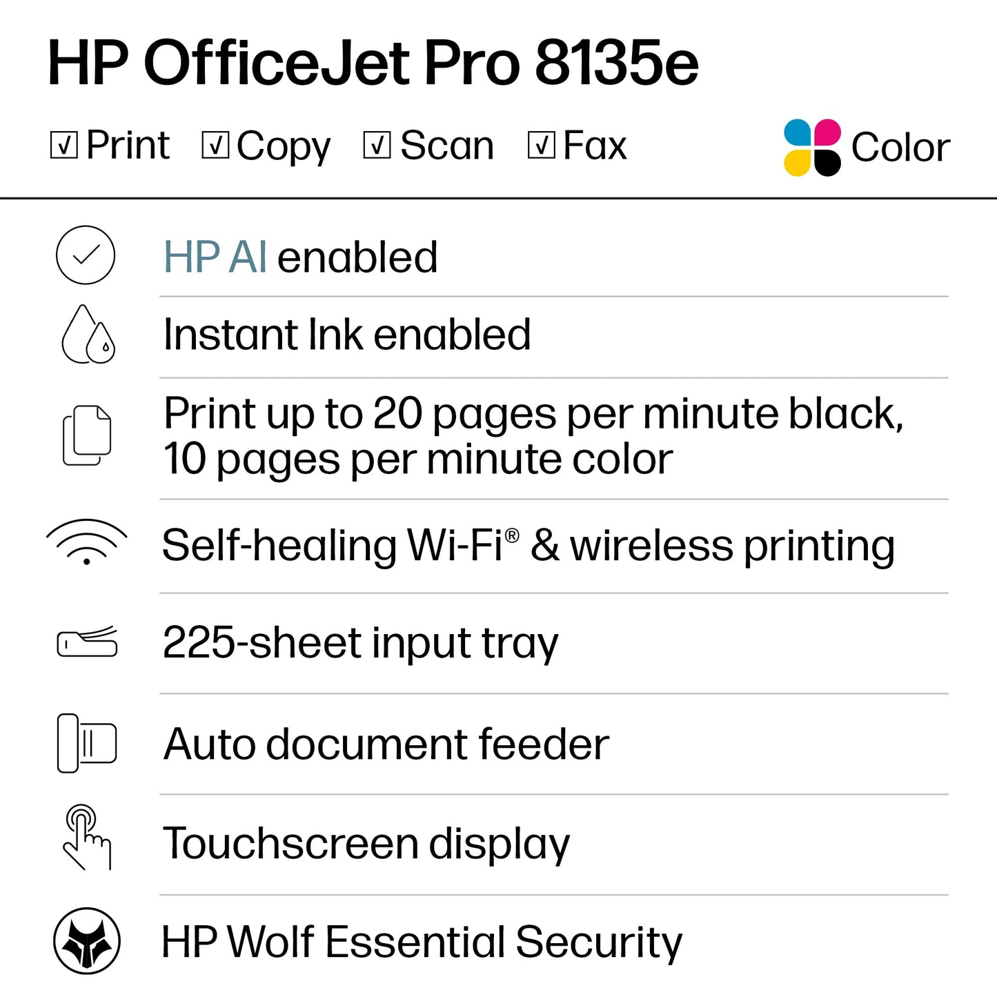 HP OfficeJet Pro 8135e Wireless All-in-One Color Inkjet Printer, Print, scan, copy, fax, ADF, Duplex printing Best-for-home office, 3 month Instant Ink trial included, AI-enabled (40Q35A)