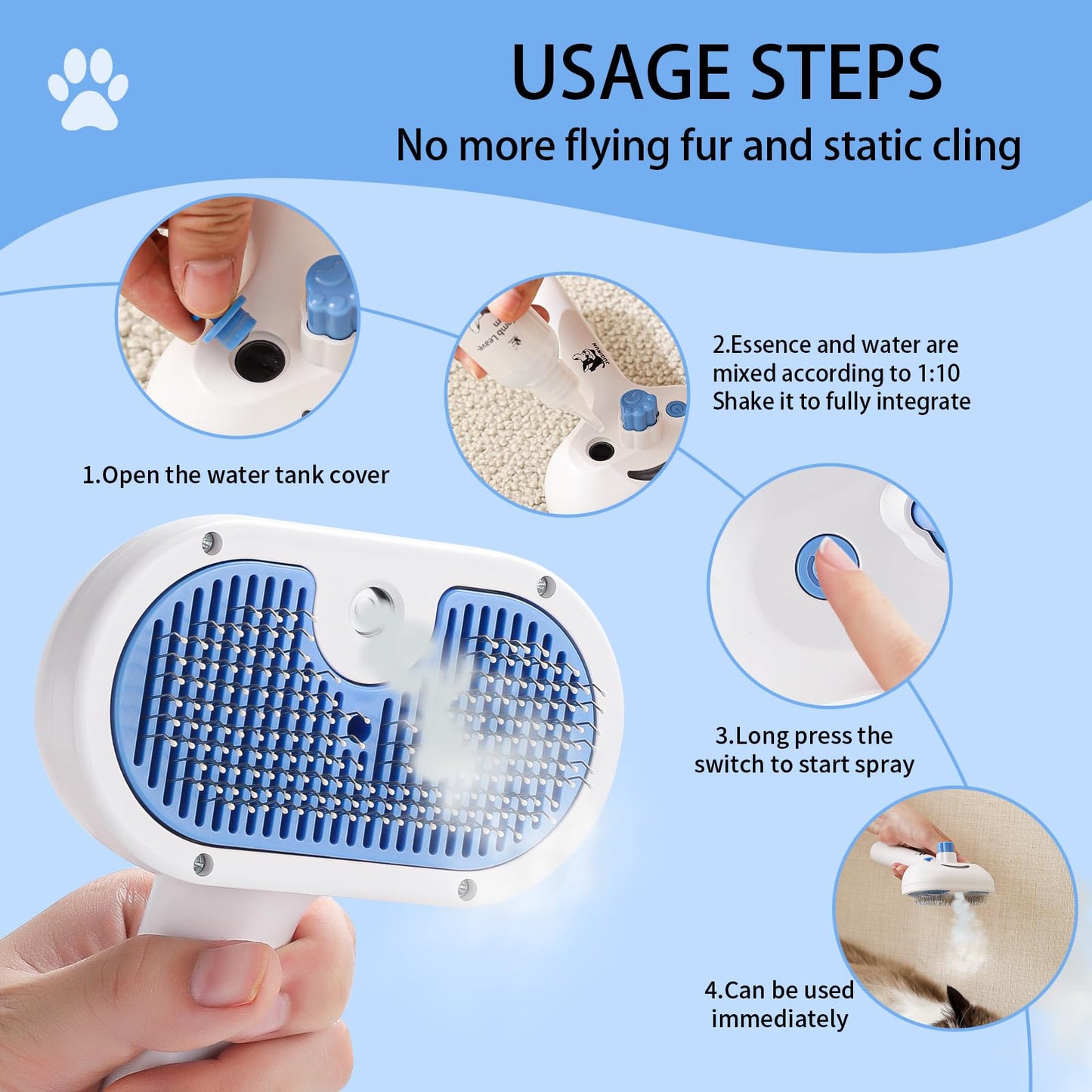 JUGIRUN Cat Steam Brush for Shedding,3 In 1 Steam Brush for Dogs & Cats,Spray Hair Removal Comb,Includes Waterless Shampoo,Suitable for Long-haired and Short-haired Pets
