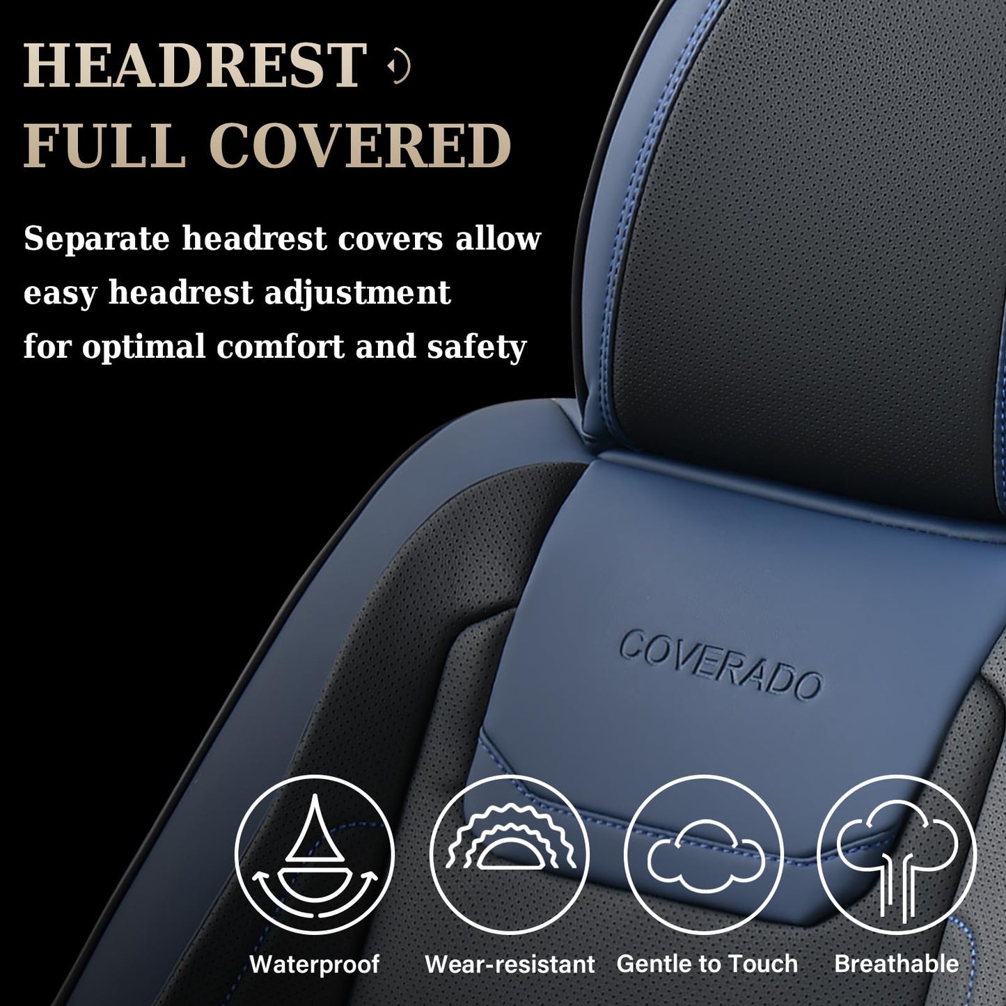 Coverado Car Seat Covers Full Set, Seat Covers for Cars, Waterproof, Leather Car Seat Cushion, Universal Car Interior Covers Seat Protectors for Most Cars Blue