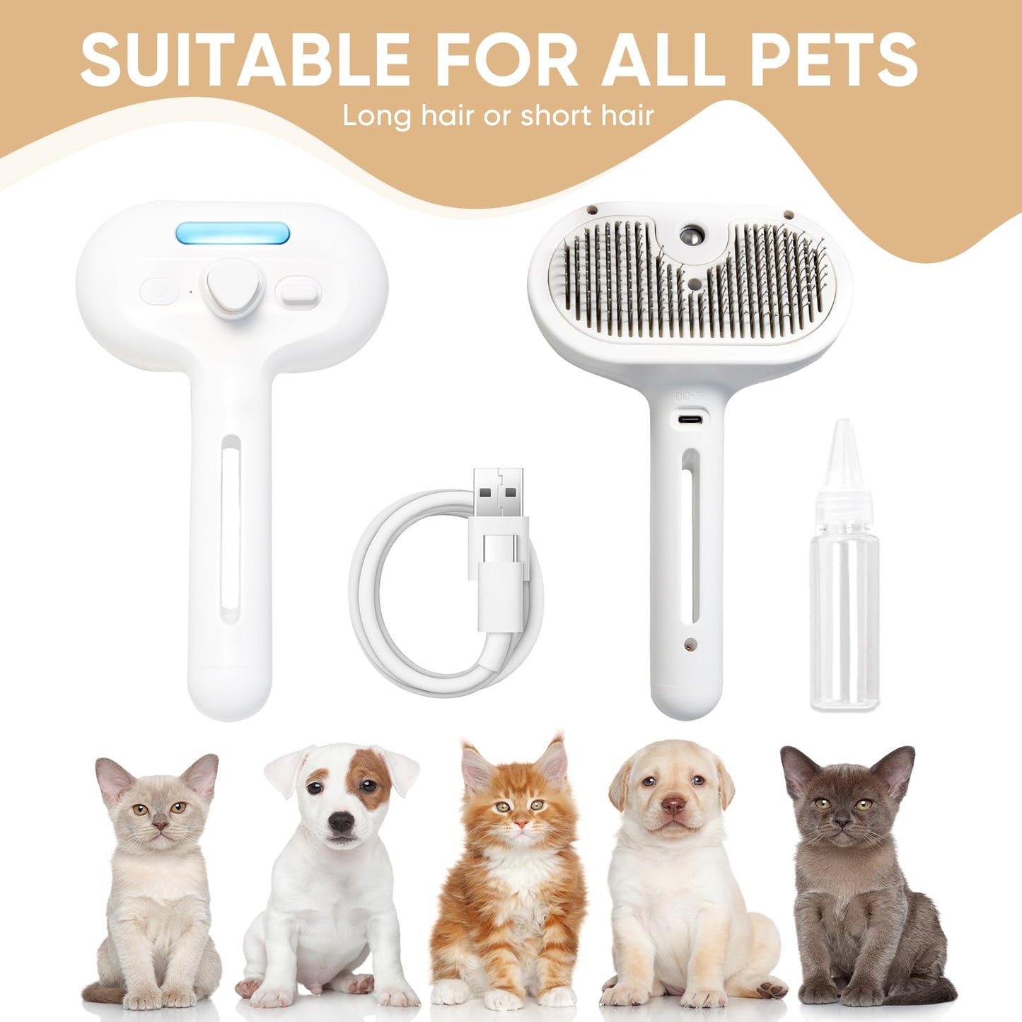 3-in-1 Cat Steam Brush – Pet Grooming & Shedding Comb with Gentle Steam Spray, One-Click Hair Release, for Long & Short Hair Cats & Dogs (White)