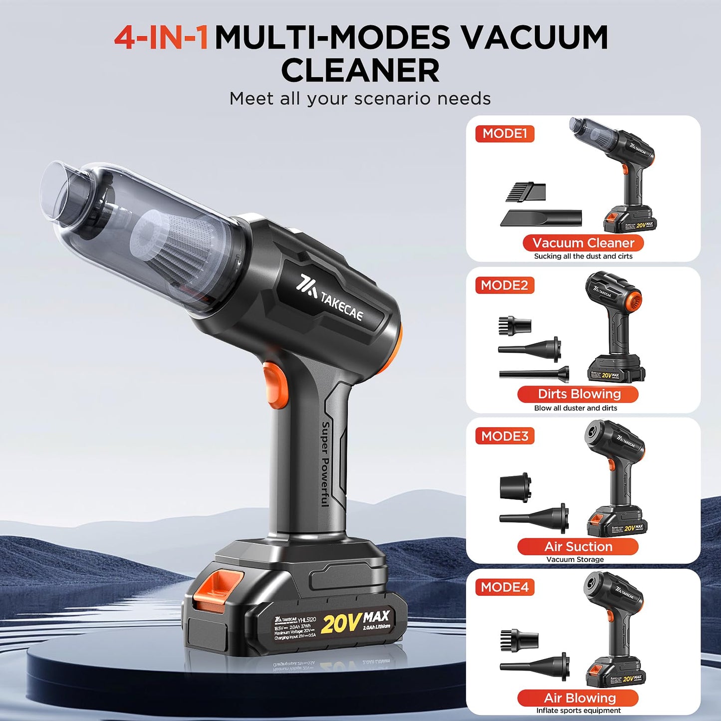 TAKECAE 15000PA Hand Held Vacuum Cleaner Cordless Rechargeable, 2000mAh*2Battery Mini Vacuum Cleaner, Cars Accessories Interior, 4-in-1 Portable Air Duster ForCar, Office, Home, Pet Hair Cleaning