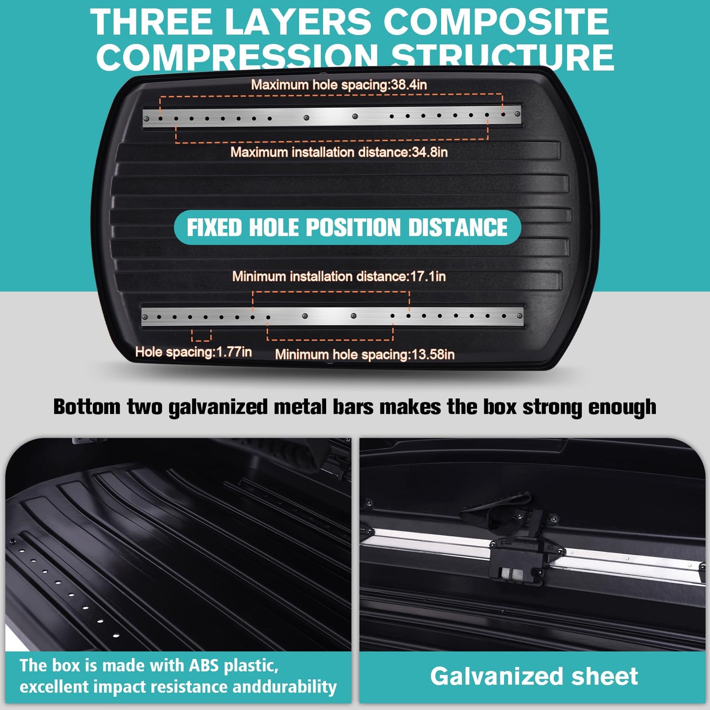 VISRACK Hard Shell Roof Cargo Box Carrier with Security Keys,Heavy Duty Waterproof Rooftop Storage Box,58.3 (L) x35.4 (W) x 13(H) Inches,15.5 Cubic Feet (Tool-Free Install),Dual Side Opening,Black