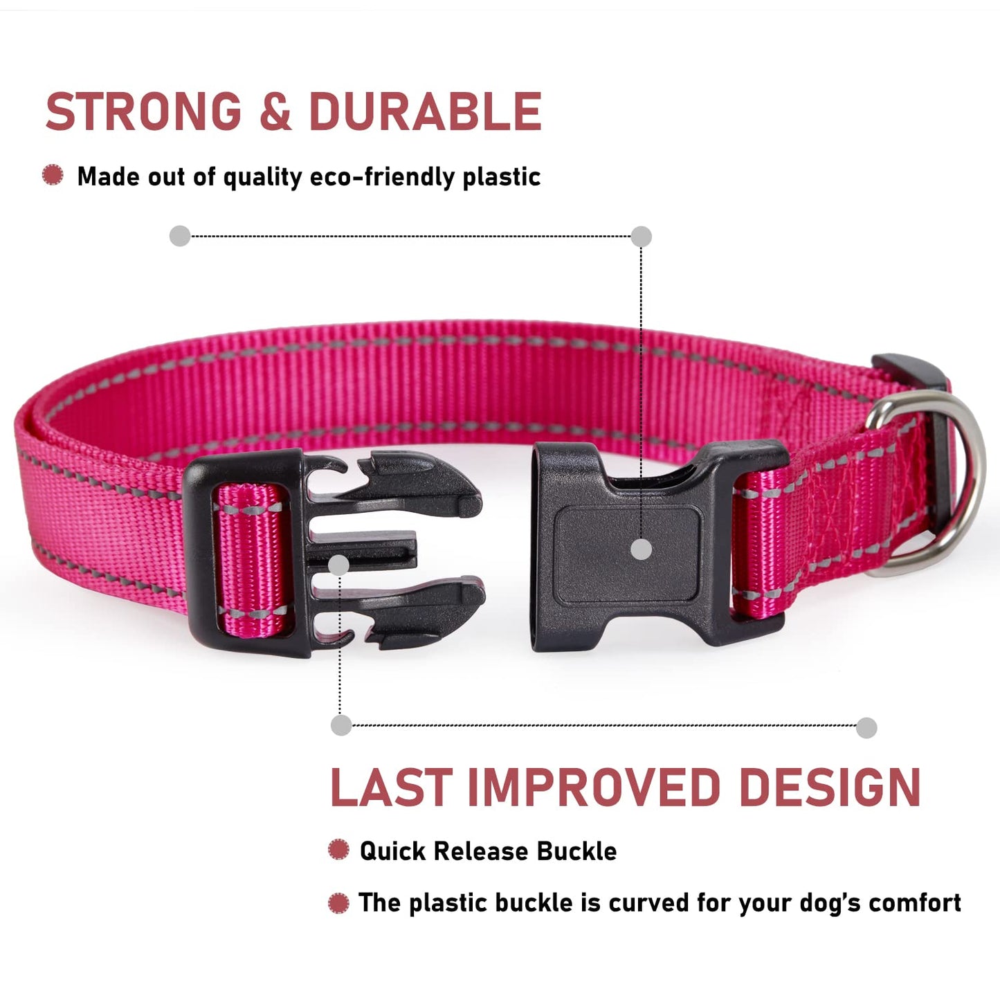Reflective Dog Collar with Buckle Adjustable Safety Nylon Collars for Small Medium Large Dogs, Pink S