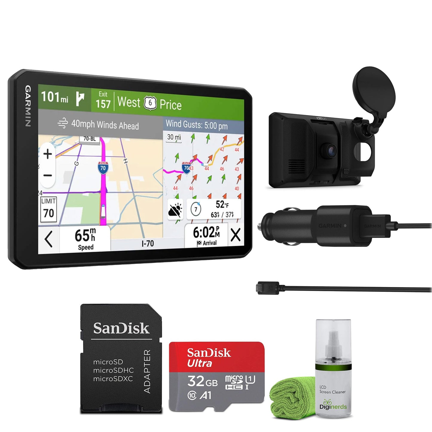 Garmin Dezl Cam OTR725 GPS Truck Navigator with Dash Cam 7" Large Display Touchscreen, Commercial GPS Navigation for Semi Trucker Driver Bundle with 32GB SD Memory Card + LCD Cleaning Kit