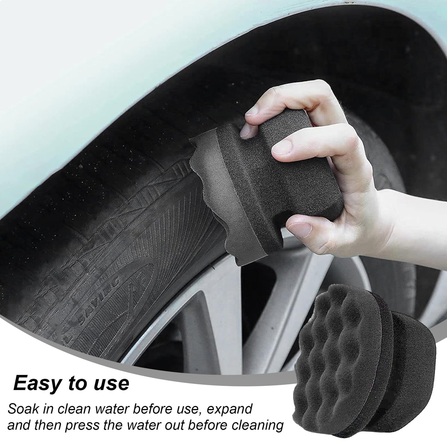 Wevdn 2PCS Tire Shine Applicator, Durable & Reusable Hex Grip Tire Dressing Sponge Foam Detailing Pad, Washable Round Shape Wheel Tire Shine Car Cleaning Sponge, Car Accessories (Black-Small)