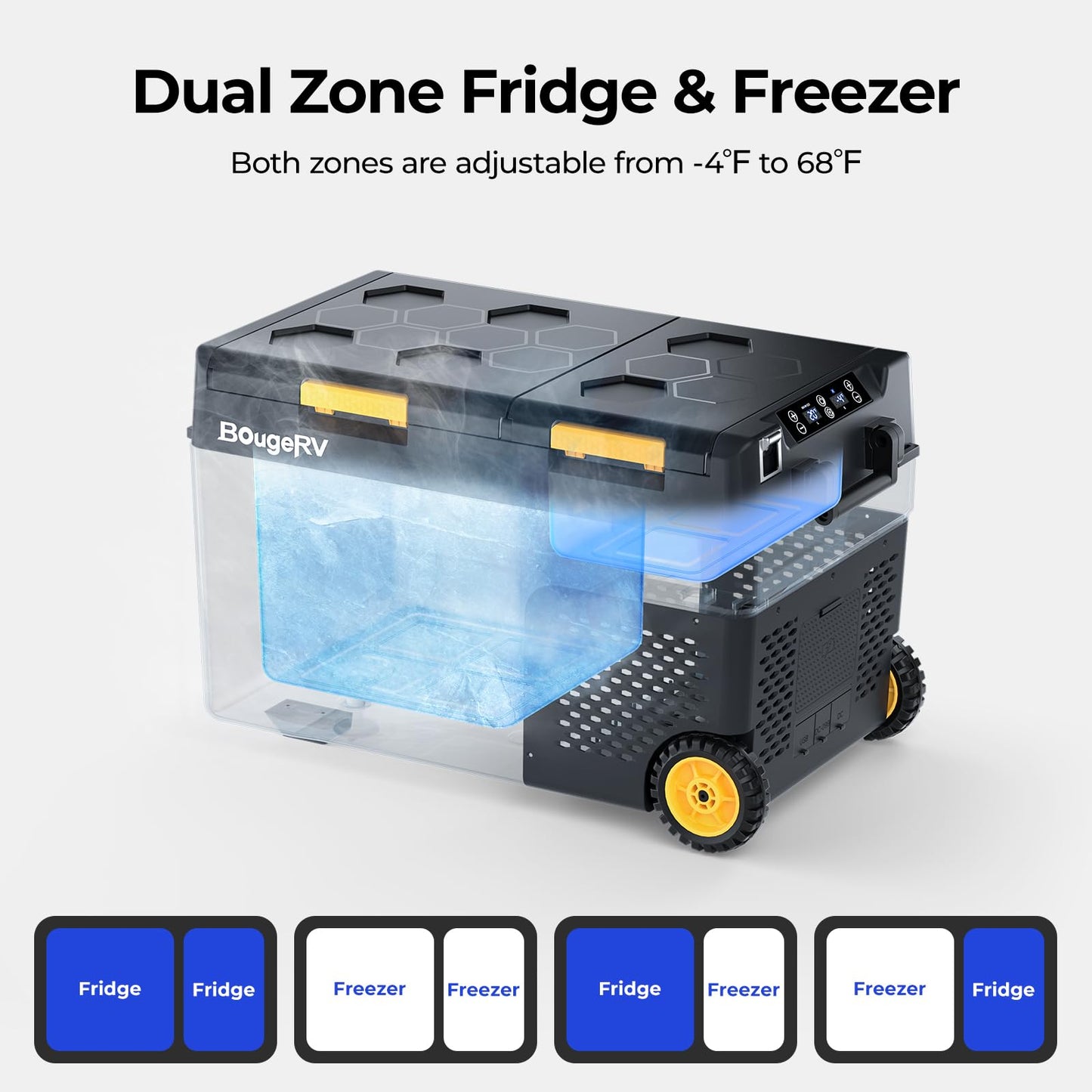 BougeRV 12 Volt Car Refrigerator, CRD2 43 Quart Portable Fridge Freezer with APP Control, -4℉ to 68℉ Dual Zone Compressor Electric Cooler 12/24V DC, 110~240V AC for Overlanding, Camping, RV, Truck