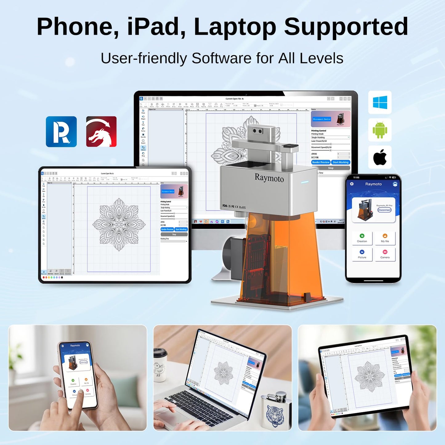 Raymoto R1 Laser Engraver 10W (10000mW), Portable and Handheld Laser Engraving Machine, 2000mm/s Lightning Speed Ultra HD Laser Engraving Machine for Wood Metal Leather Acylic Engraving Laser Cutter