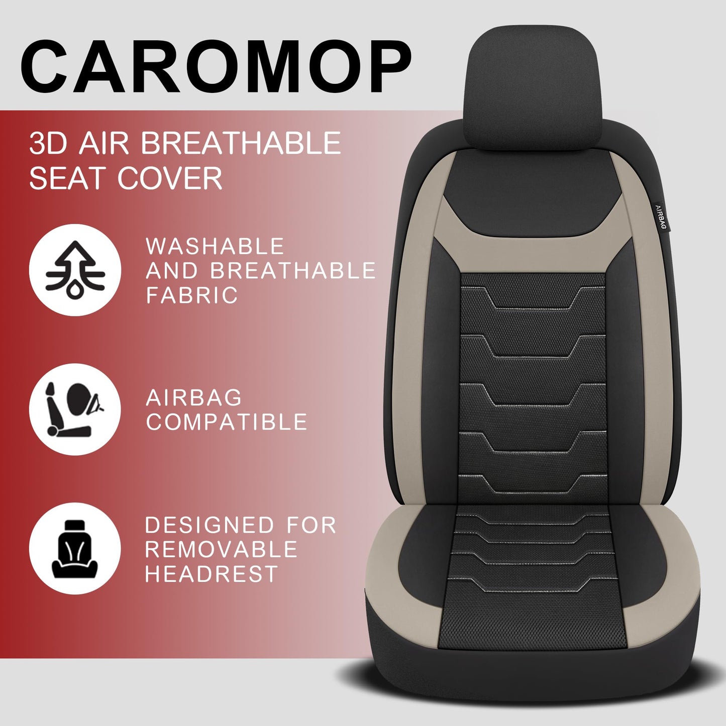 CAROMOP Breathable Car Seat Covers Full Seats,3D Air Mesh Cloth Seat Covers for Cars, Split Bench Compatible Car Interior Covers, Universal Fit Most Car Sedan Truck SUV(Black/Beige)