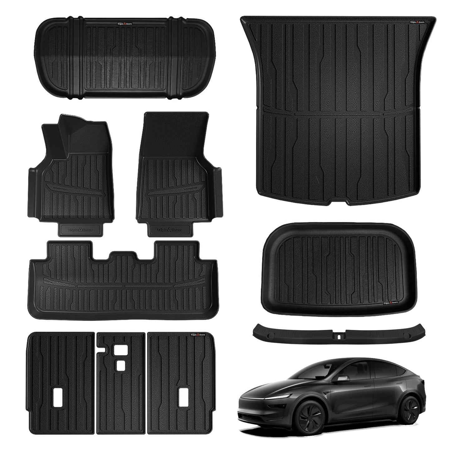 TripleAliners 10PCS Floor Mats Fit for 2026+ Tesla Model Y Juniper Set Full Protection All Weather TPE Anti-Slip Custom Fit Floor& Frunk& Trunk& Rear Lower& Backrest Mat& Bumper Guard