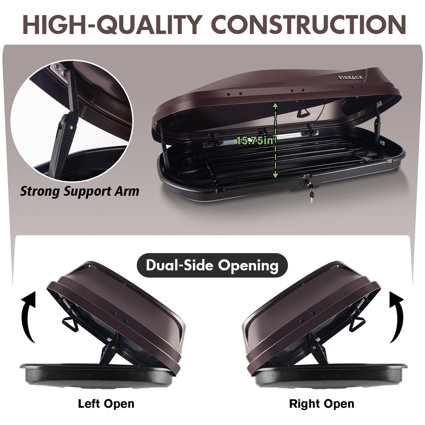 Hard Shell Rooftop Cargo Carrier with Roof Box, Heavy Duty Weatherproof 14 Cubic Feet Rooftop Cargo Carrier for Car Storage, Brown