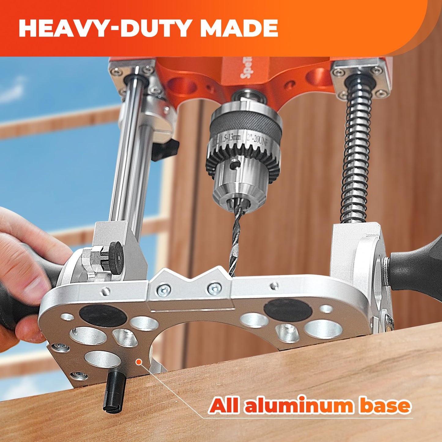 SpeTool Portable Drill Guide with Liner Ball Bearings Guide Poles, 1/2” Chuck Drill Press Adapter for Hand Drill Adjustable from 0-60°, Multi Angle Drill Guide for Straight Holes Woodworking