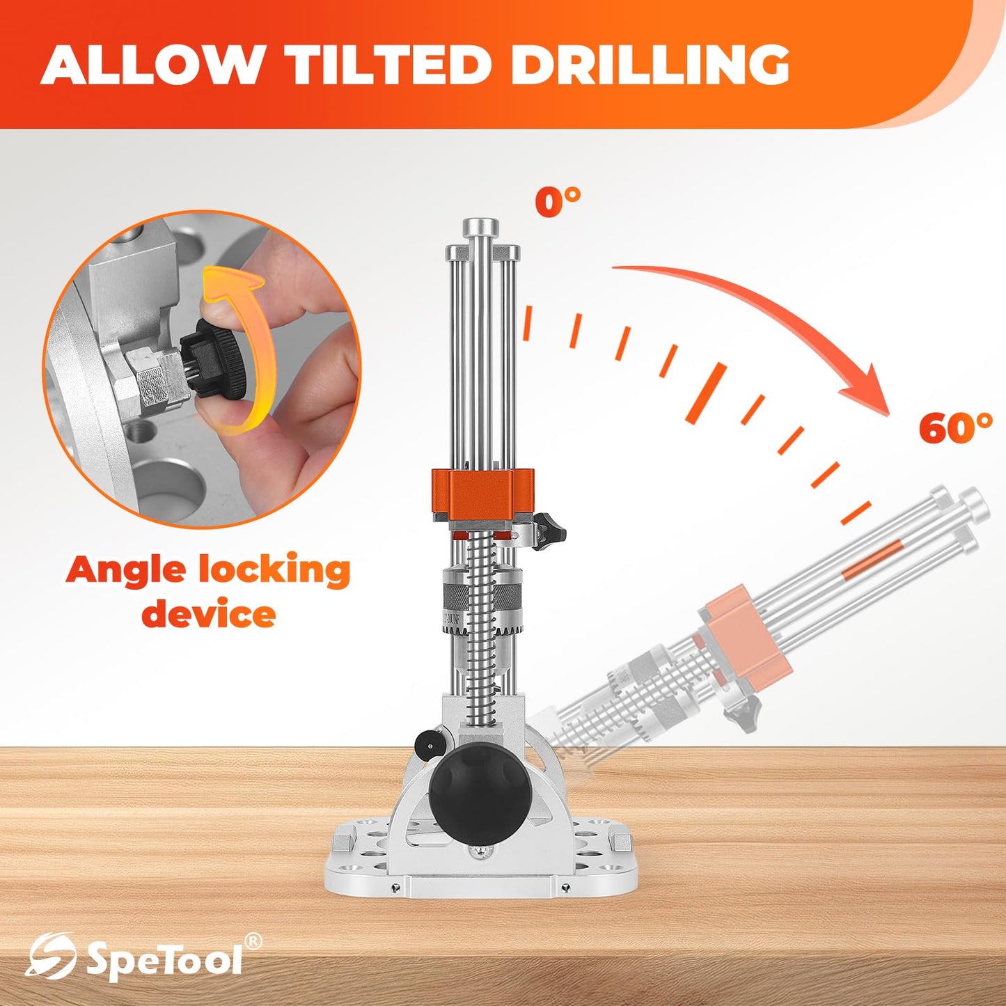 SpeTool Portable Drill Guide with Liner Ball Bearings Guide Poles, 1/2” Chuck Drill Press Adapter for Hand Drill Adjustable from 0-60°, Multi Angle Drill Guide for Straight Holes Woodworking
