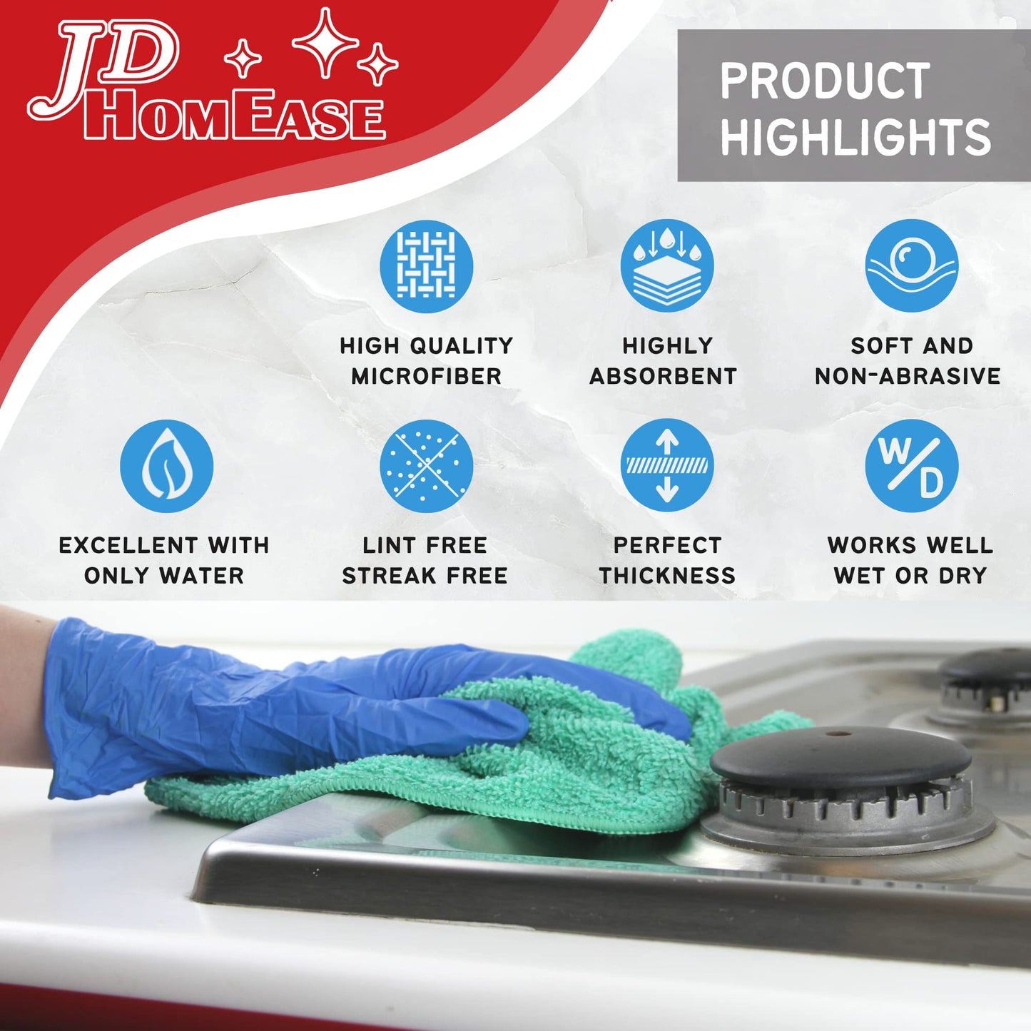 JD Homease Microfiber Cleaning Cloths, 240 Pack, 16"x16", All-Purpose, Softer, Highly Absorbent, Lint-Free, Reusable, Washable Pro Towels, Blue, for House, Kitchen, Bathroom, Car, Office