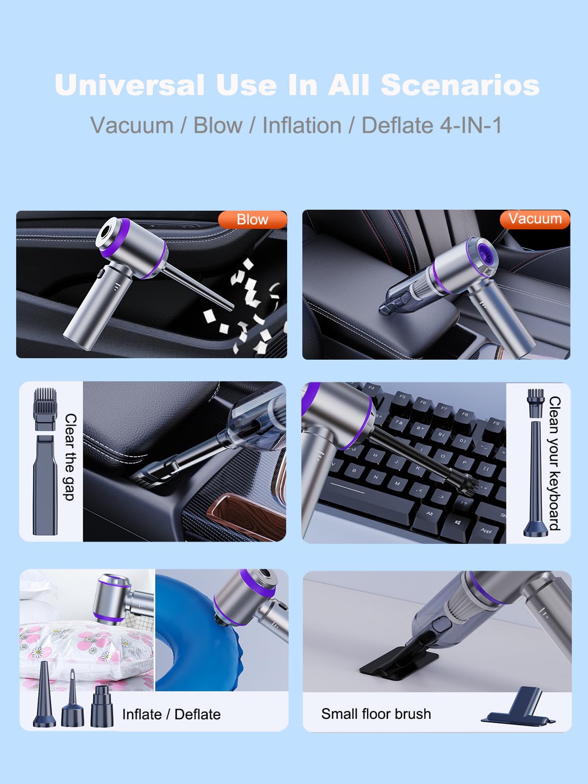IYOFINE Vacuum/Air Duster 80,000RPM Super Power Mini Car Vacuum Cleaner 4-in-1 air Blower Gun Air Duster & Air Blower & Pump Hand Electric air Duster Handheld dust Blower Blower Cordless (Purple)