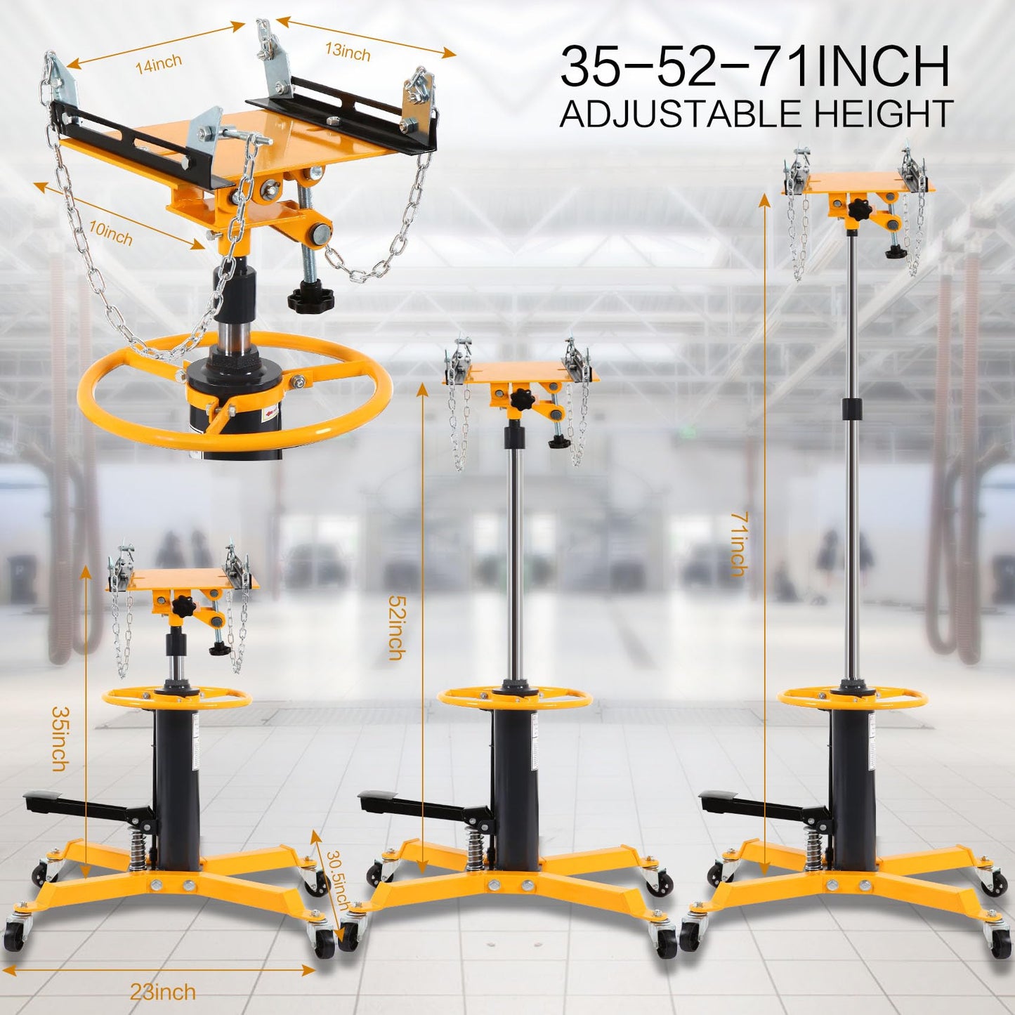 Transmission Jack Heavy Duty Professional Hydraulic High Lift 2 Stage Adjustable Telescoping 1/2Ton Capacity Transmission Jack Adapter for Floor Jack Car Lift (Canary Yellow)