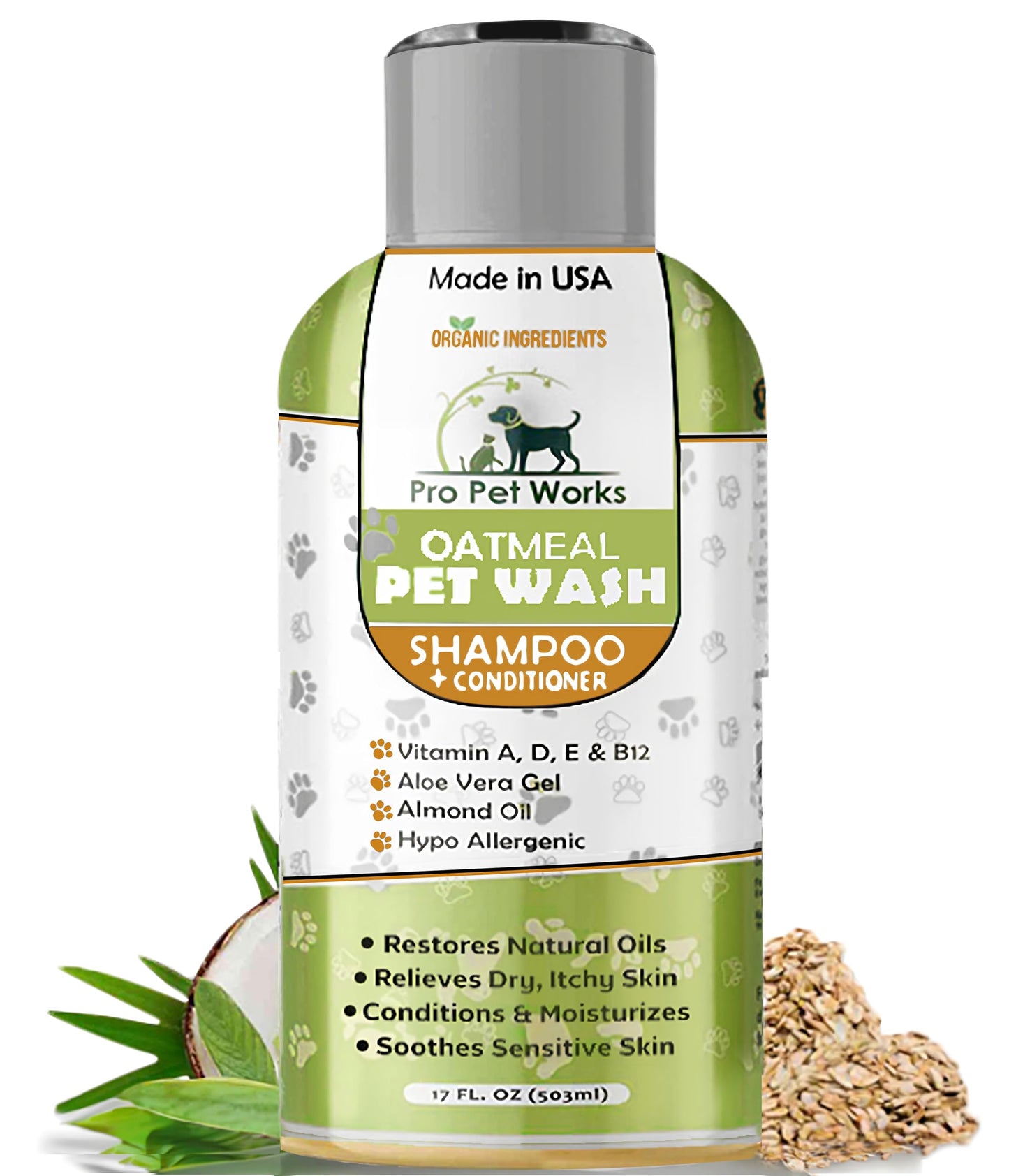 Oatmeal Dog Shampoo & Conditioner 17oz [USA] 5 in 1 Plant-Based Organic Sulfate-Free Soap-Free-Tearless Moisturizer for Dandruff Allergies & Itchy Dry Sensitive Skin-Puppy Grooming [Pro Pet Works]