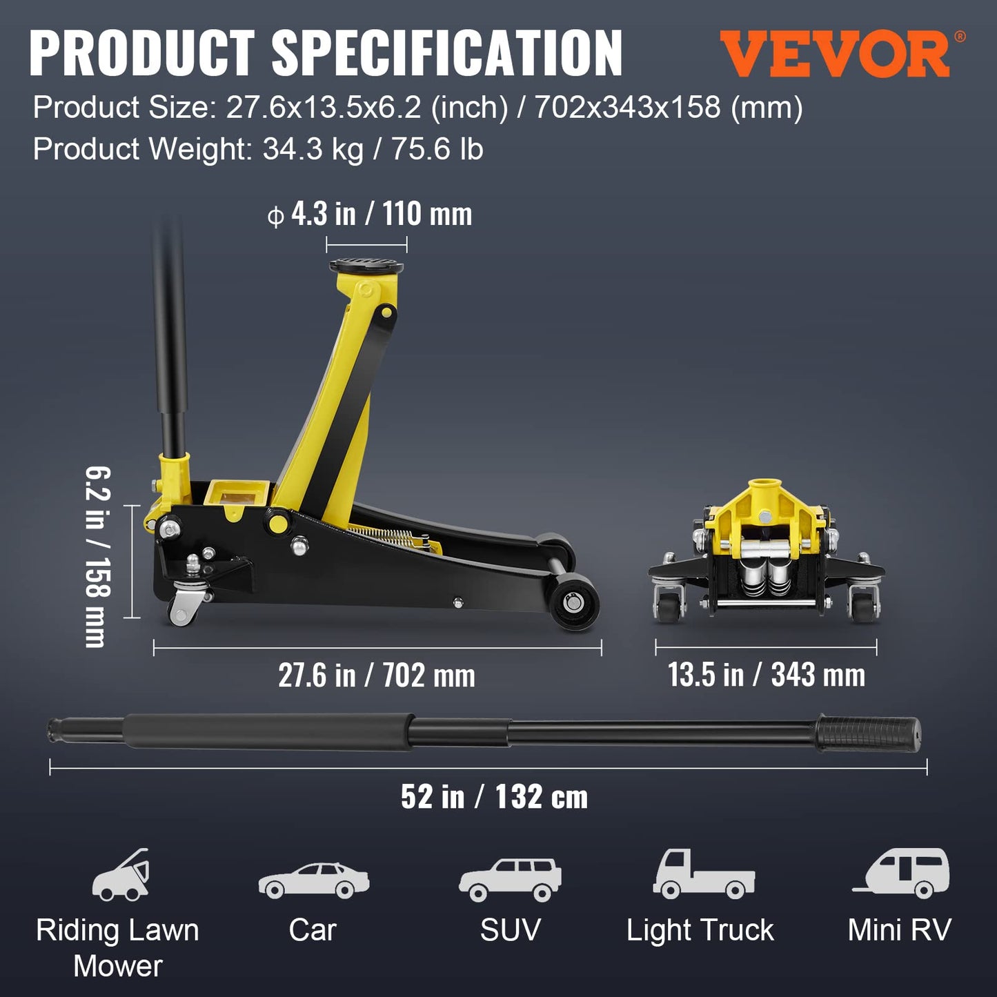 VEVOR 3 Ton Low Profile, Heavy-Duty Steel Racing Floor Jack with Dual Pistons Quick Lift Pump, Lifting Range 3.35"-19.69"