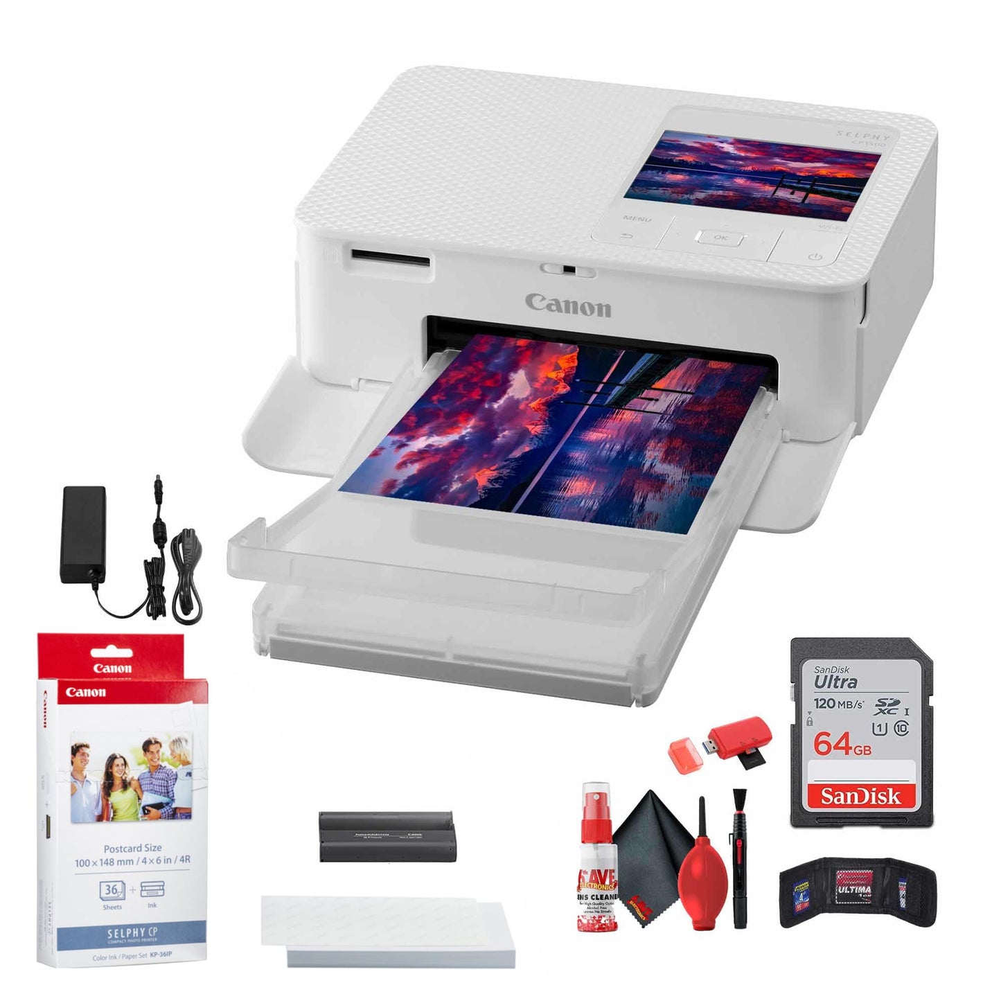 Canon SELPHY CP1500 Compact Photo Printer (White) (5540C002) KP-36IP Color Ink and Paper Set + 64GB Ultra Memory Card + Cleaning Kit + Memory Card Wallet + Card Reader