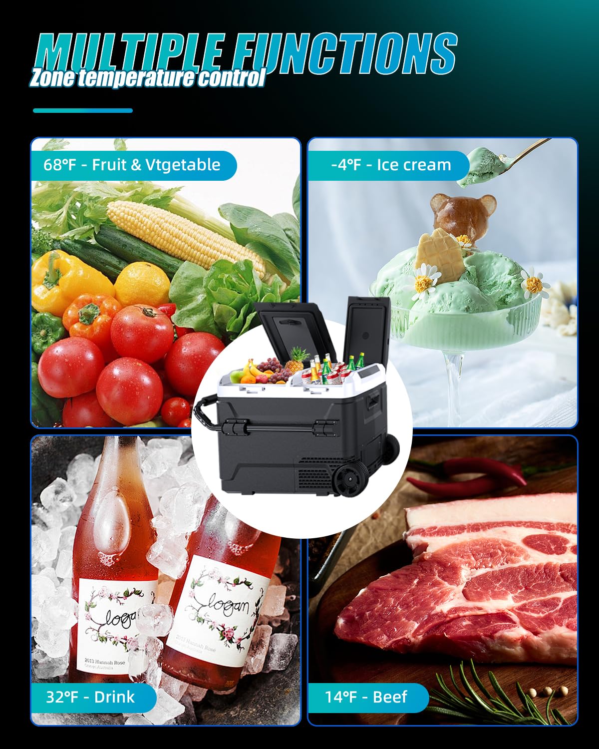 Electric Cooler with Battery 12V 52 Quart(50L) Car Refrigerator Dual Zone Dual Door Freezer Fridge with Wheels 12/24V DC & 100-240V AC Portable Fridge for Camping Truck Boat RV Camper SUV Travel