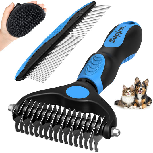 UGNEL 3PCS Pet Grooming Rake & Metal Comb & Bath Brush for Dogs and Cats, Double-Sided Dematting Tool, Extra-Wide Deshedding Dog Brush for Long Hair to Effectively Remove Tangles, Knots and Mats