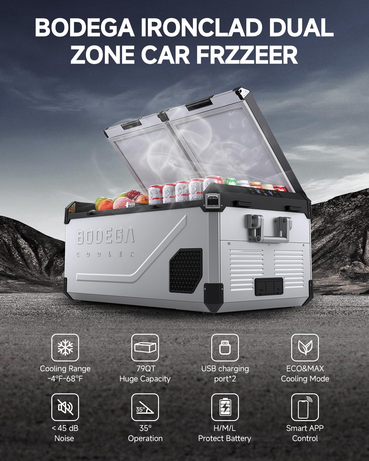 BODEGACOOLER 12 Volt Car Refrigerator, 79 Quart(75L) Portable Freezer Car Fridge Dual Zone With APP Control, -4℉-68℉ Electric Cooler, 12/24V DC and 100-240V AC, for Vehicles,Camping, RV, Outdoor