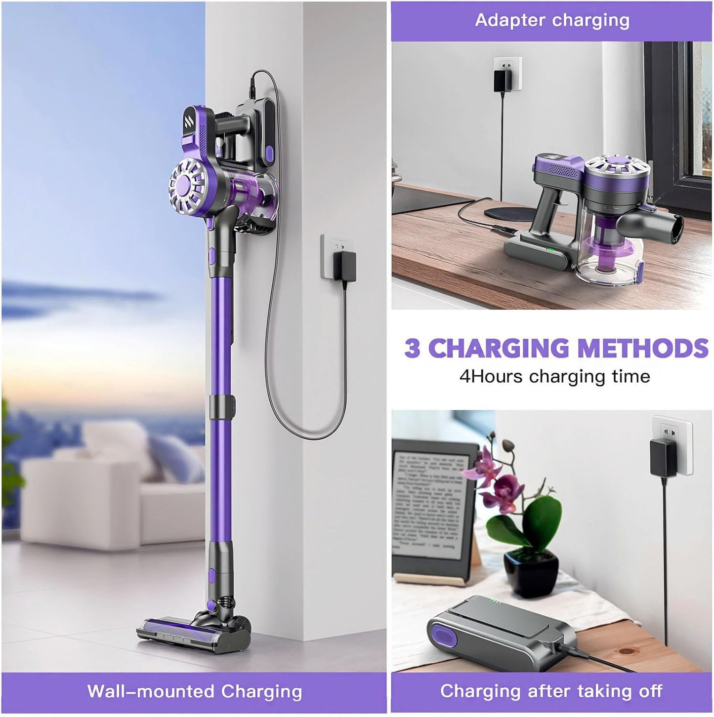 Cordless Vacuum Cleaner,Vacuum Cleaners for Home with Super Suction,Lightweight Stick Vacuum with 35 Mins Runtime,Rechargeable Cordless Vacuum for Carpet, Tile, Pet Hair, Hardwood Floors(Purple)