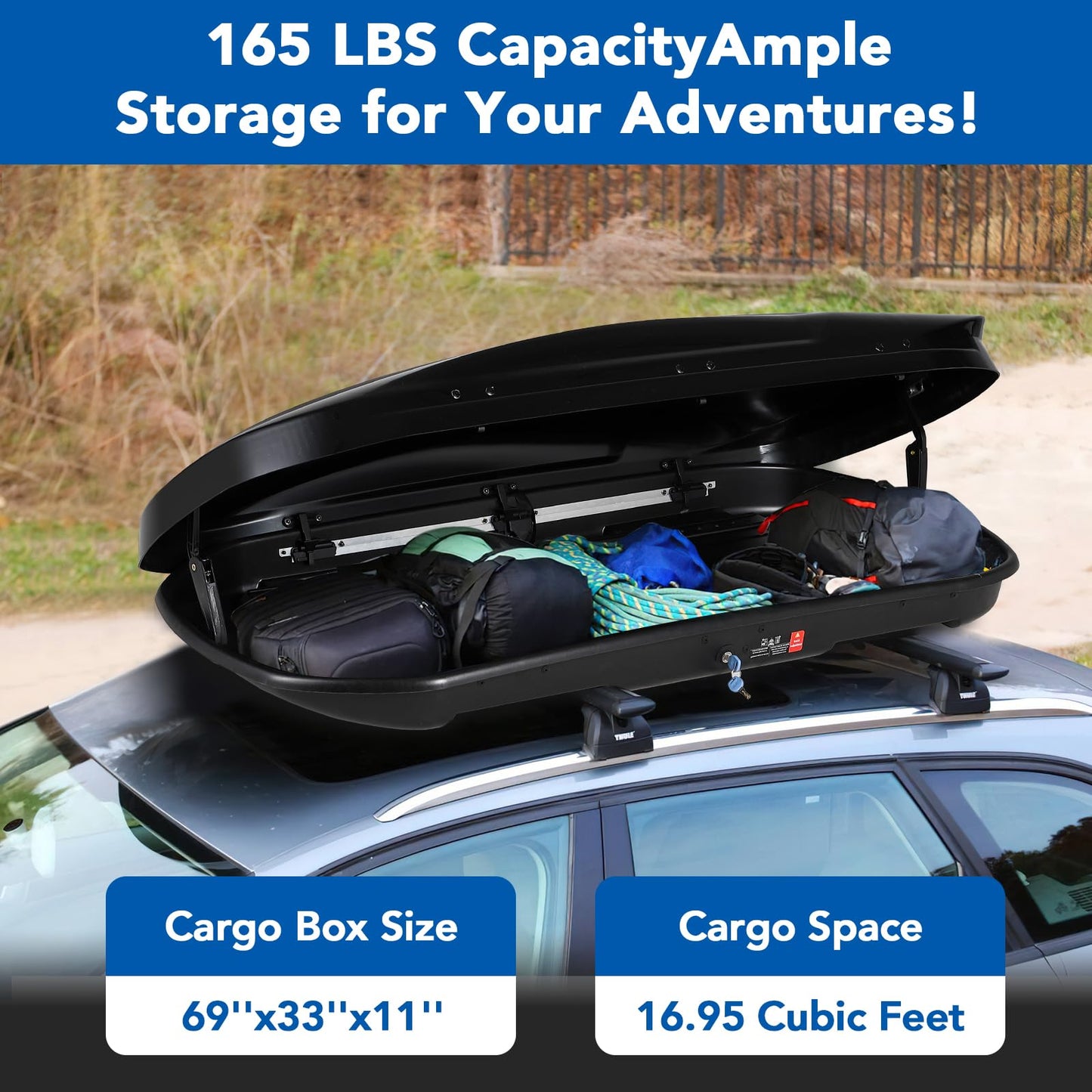 Garvee Heavy Duty Hard Shell Roof Top Cargo Carrier - 69(L) x33(W) x11(H) Waterproof Lockable Storage Box Capacity 165 Lbs 17 Cu Ft - Tool-Free Install- Fits SUV, Truck, Van (17 Cubic Ft)