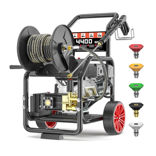 KARHDIR 4400PSI Gas Pressure Washer with Hose Reel, One-Button Start 296cc 15HP 4-Cycle Engine, 4.0 GPM Heavy Duty Power Washer with 50FT 3/8" Hose, Spray Gun & Wand, 5 Quick Connect Nozzles
