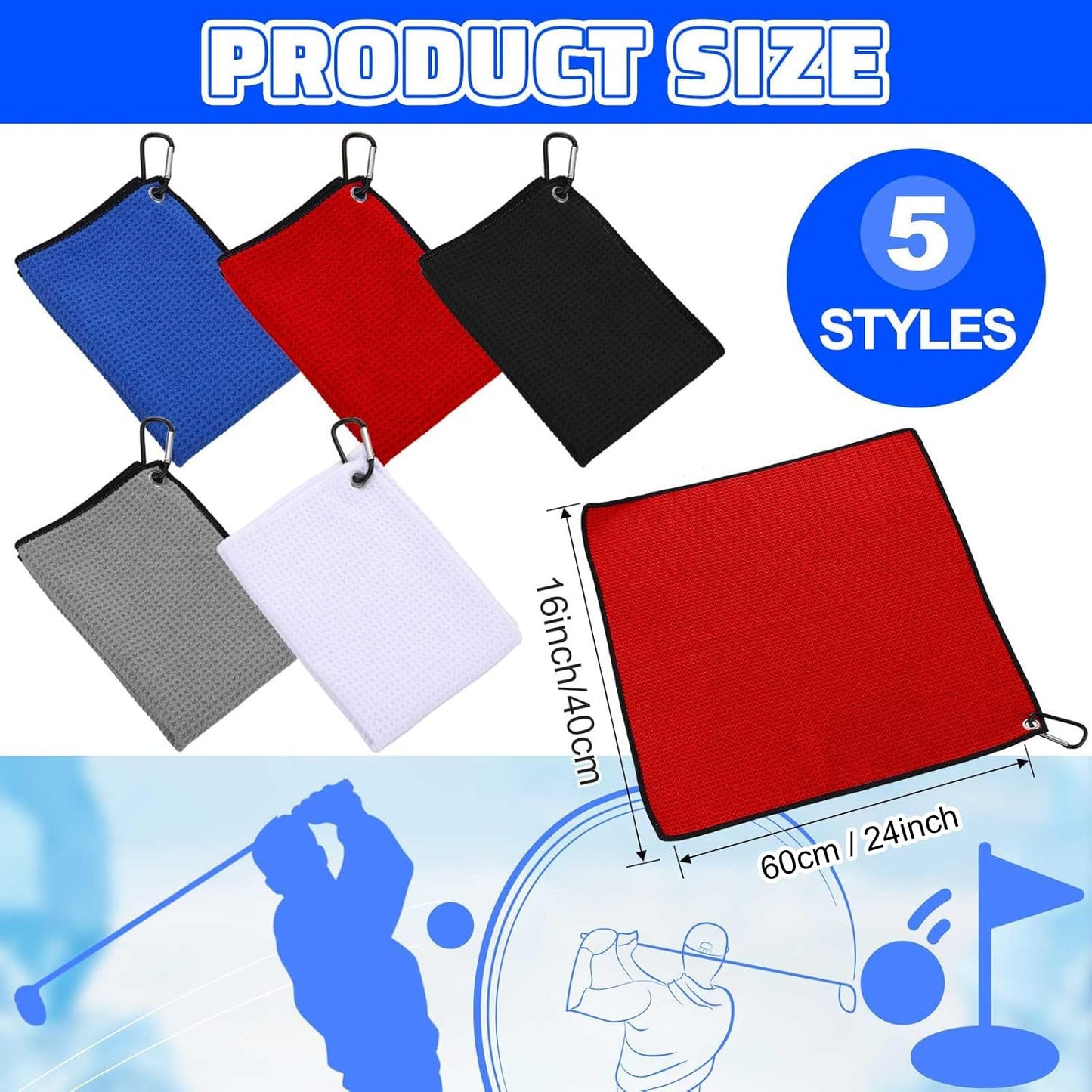Batiyeer Golf Towels Bulk for Bags 16'' x 24'' Microfiber Waffle Pattern Golf Towels Trifold with Clip for Tournament, Hiking, Yoga(Classic Color,100 Pcs)