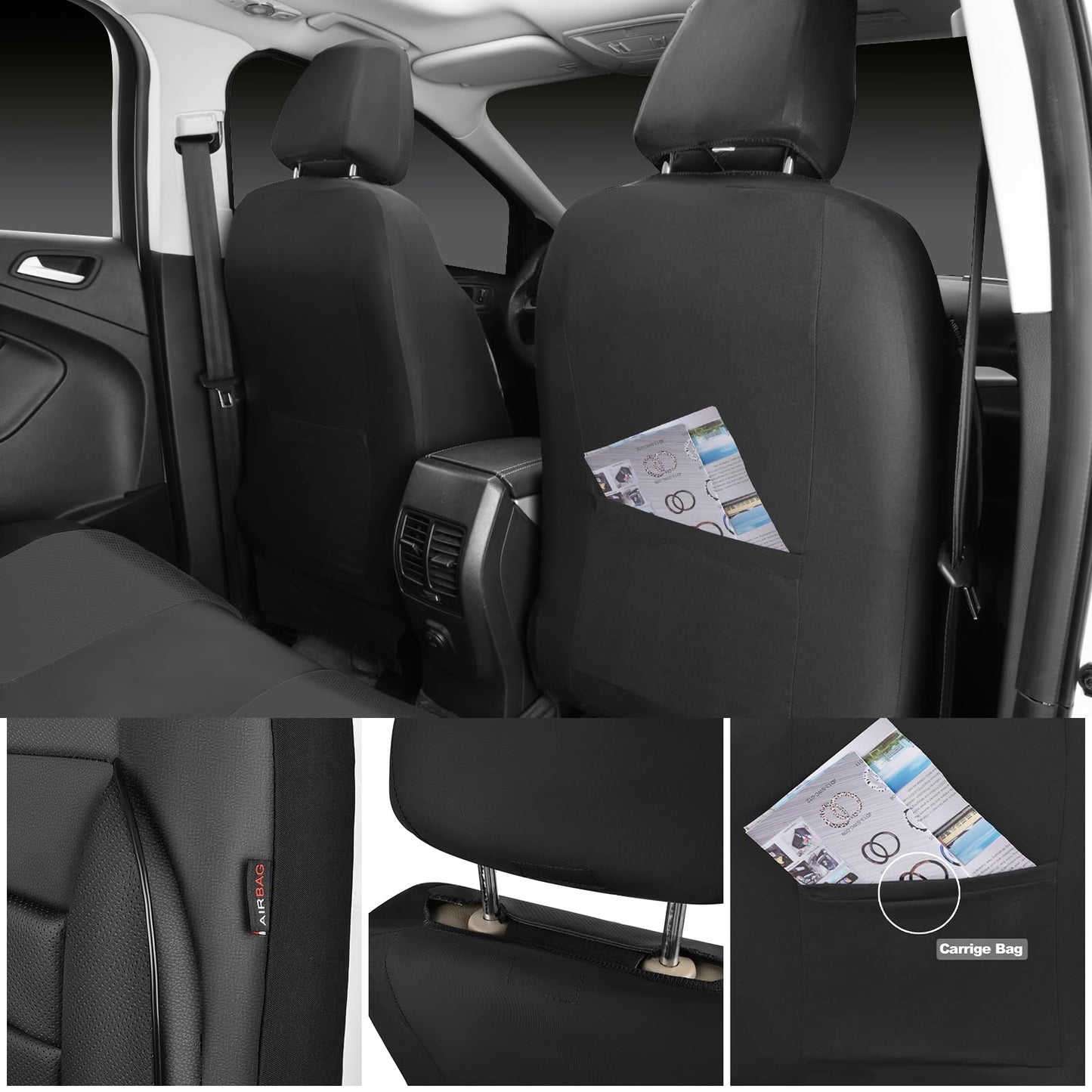 CAR PASS Faux Leather Car Seat Covers Front Seats Only, 3D Foam Support Car Seat Covers, Universal fit for Trucks Vans SUVs Sedans Automotive Comfortable, Airbag Compatible 2 Pieces Front Solid Black