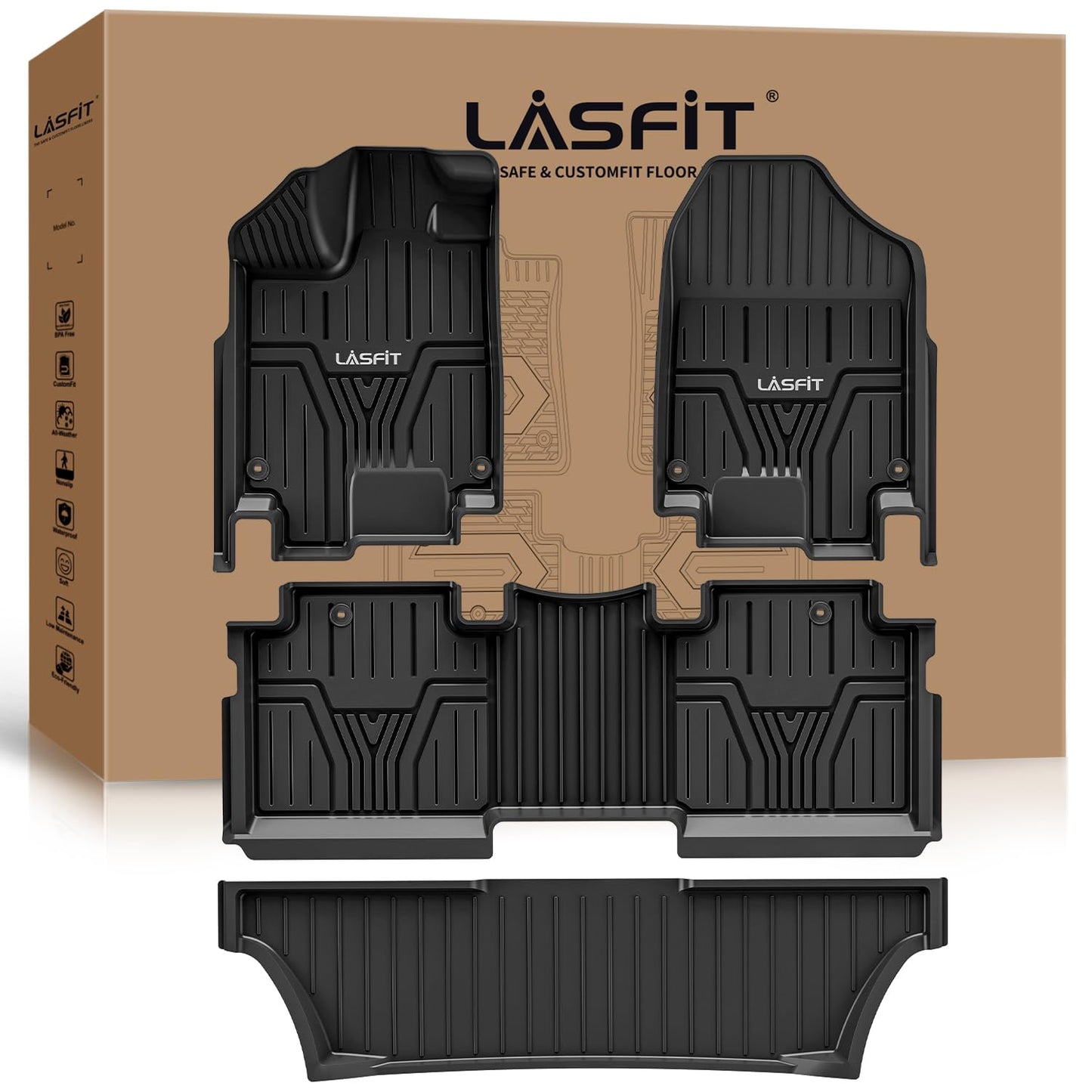 LASFIT Floor Mats for Honda Odyssey 2026 2025 2024 2023 2022 2021 2020 2019 2018 Mini Passenger Van, All Weather TPE Car Liners,1st & 2nd & 3rd Row Only (Excludes Trunk Mat), Black