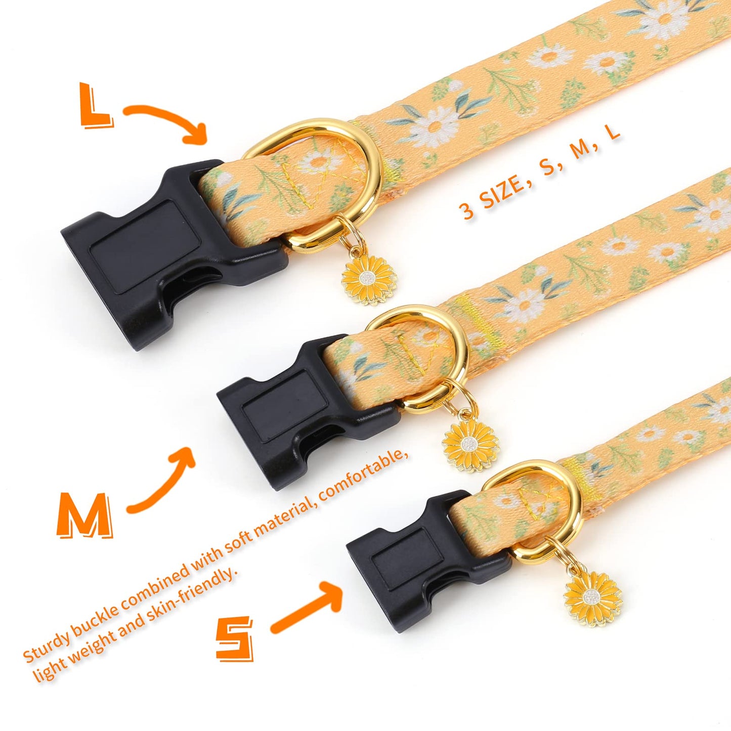 Cotton Handmade Dog Collar for Small Medium Large Dogs,Yellow Daisy with Pendant Cute Dog Collars,Ideal for Girl Dogs Boy Dogs (Medium)
