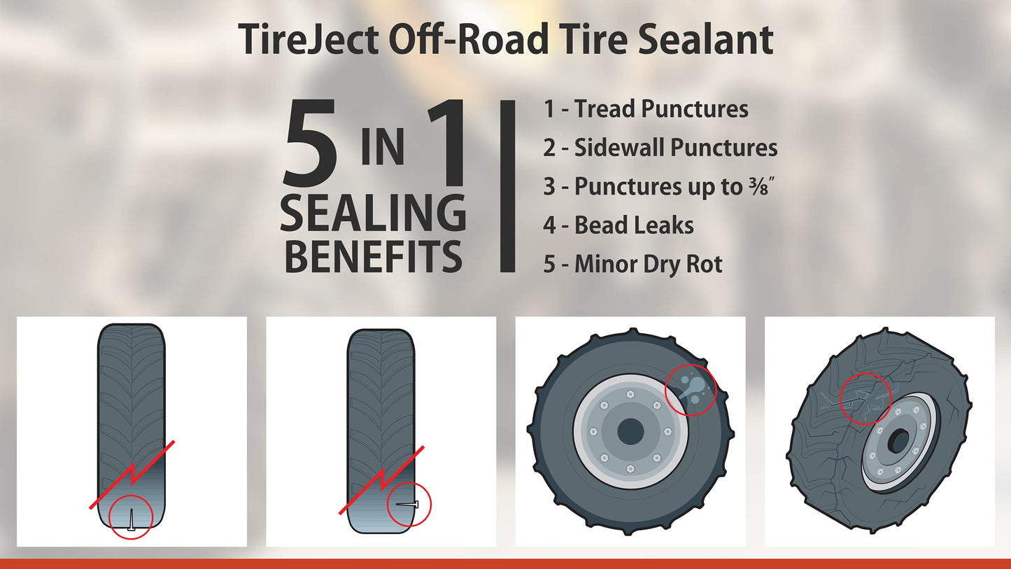 TireJect 5-in-1 Off-Road Tire Sealant - Gallon Kit to Repair and Prevent Flat Tires (applicate up to 16 ATV Tires, Large Tractors, Farm Equipment & More!)