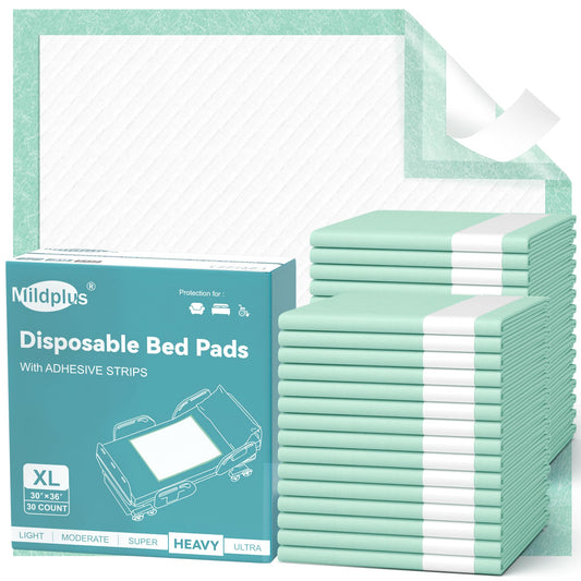 MILDPLUS Bed Pads with Adhesive Strips 30'' X 36'' Disposable Underpads Extra Large Thicker Incontinence Pads for Unisex Adult, Senior, Kids and Pet (30 Count)