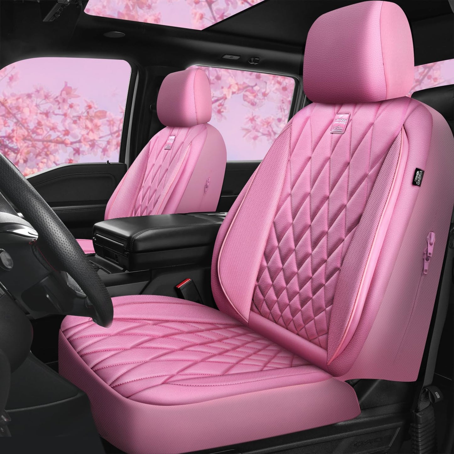 CAR PASS 5 Seats Piping Luxury Leather Seat Covers Full Set, Anti-Slip Waterproof Seat Covers Compatible with Front Armrests, Universal Fit for Suvs,Vans,Trucks,Airbag Compatible, Pure Pink