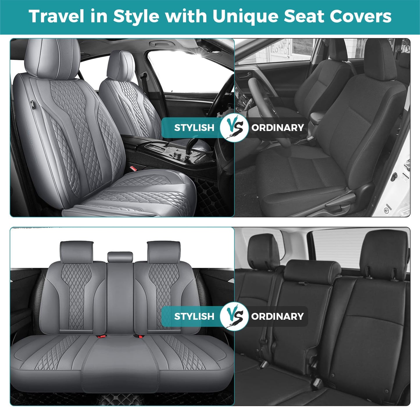 FEINEPRO Leather Car Seat Covers - Breathable Faux Leather Seat Covers Full Set for Cars SUV Sedan - Waterproof - Grey