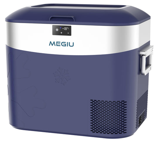 Megiu Car Refrigerator Portable Car Fridge 12V Refrigerator 23 Quart (22 Liter) Freezer Compressor Cooler 12V/24V DC 110～240 V AC for Outdoor Camping Travel Home Use -18℃~+15℃ (Blue)