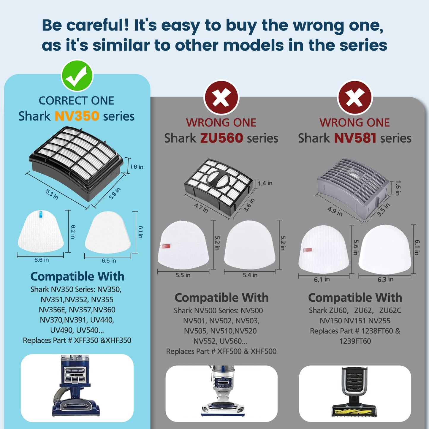 2 + 4 Pack Filters for Shark Vacuum Navigator Lift Away Filter Replacement ZU503AMZ NV350 NV351 NV352 NV355 NV356E NV357 NV360 NV370 UV440 UV540, Parts XFF350 XHF350