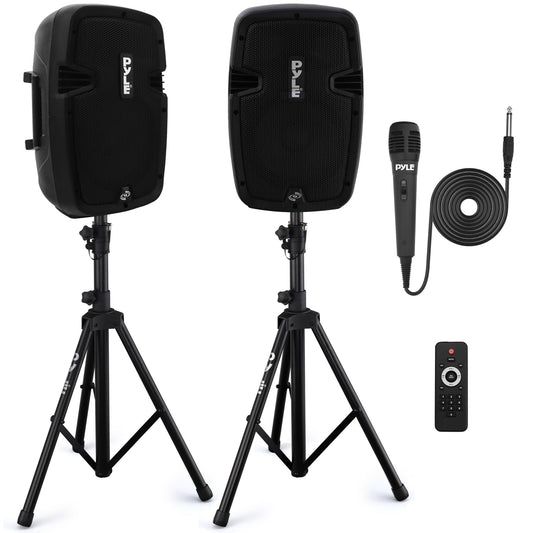 Pyle Powered Bluetooth PA Speaker Kit - Event Ready - Just Plug In and Play Active and Passive 350w Loudspeakers with Wired Microphone, Speaker Stands, Remote - MP3/USB/SD/AUX inputs - PPHP849KT