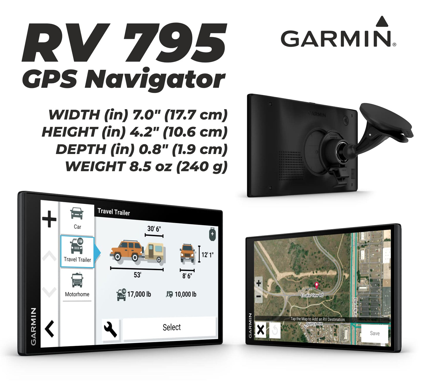 Wearable4U - Garmin RV 795 GPS Navigator, Large, Easy-to-Read 7, Custom RV Routing, High-Resolution Birdseye Satellite Imagery with Power Pack Bundle