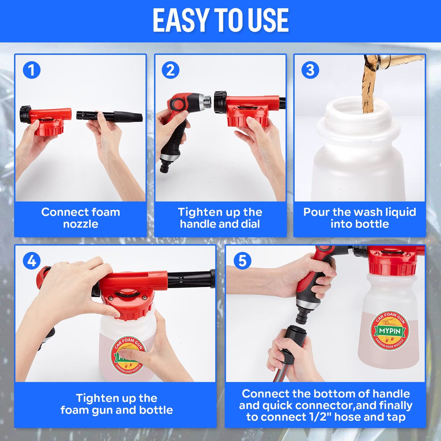 Car Wash Foam Gun/Hose Sprayer, 16 IN 1 Cannon, Adjustable with 2.5-6 Ratio Dial Foam Blaster, 1L Bottle, Nozzles, Mitten, 1/2” Quick Connector for Garden Hose, for Car/Garden Cleaning